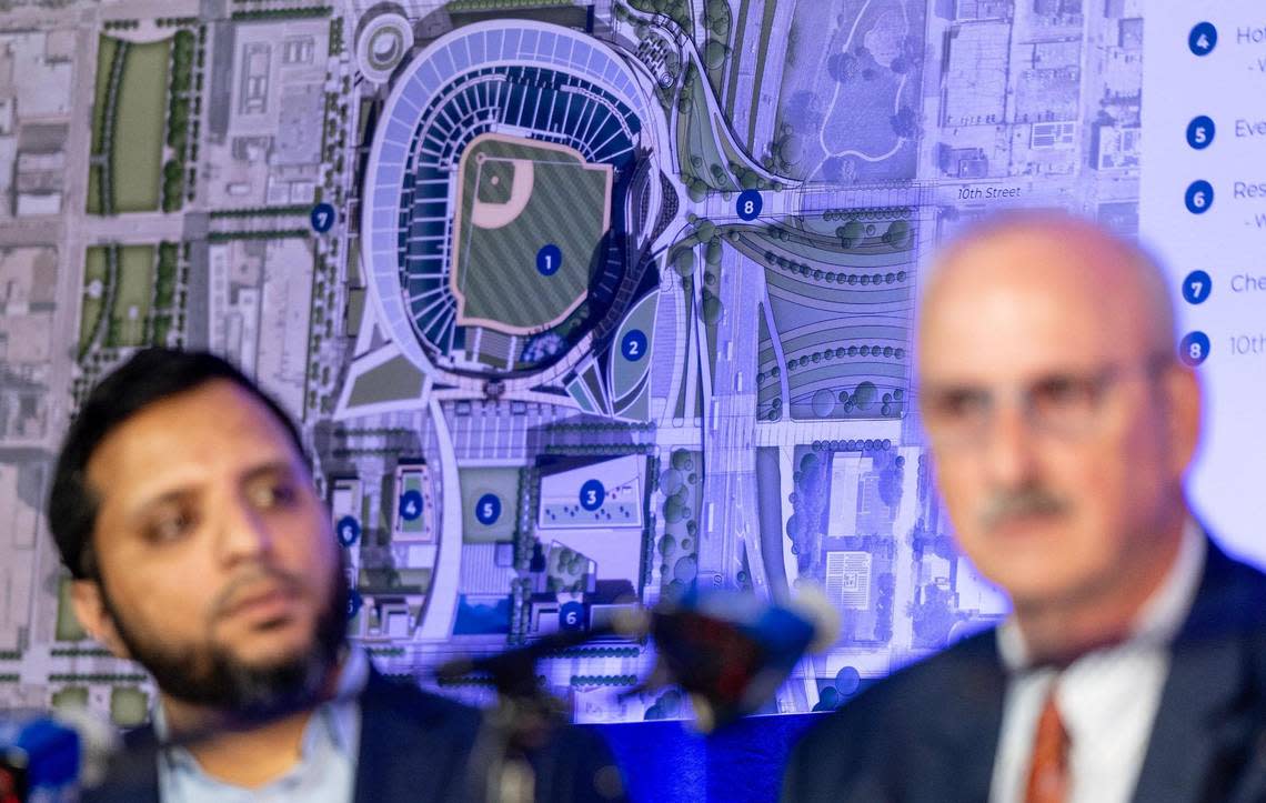 A map detailing a downtown stadium is displayed during a press conference detailing two locations the Royals are considering for the club’s new stadium on Tuesday, Aug. 22, 2023, in Kansas City.