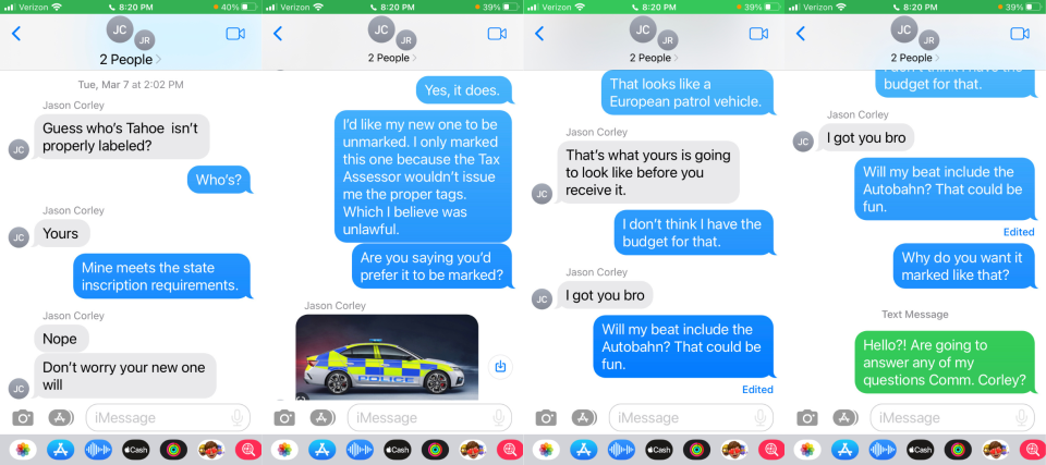 This series of text messages was exchanged between Commissioner Jason Corley, Constable Tony Jackson and Commissioner Jordan Rackley on March 7, 2023.