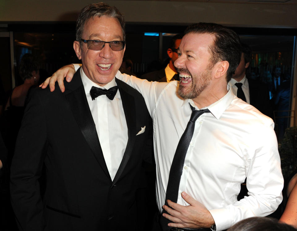 BEVERLY HILLS, CA - JANUARY 16:  (EXCLUSIVE COVERAGE) Actors Tim Allen and Ricky Gervais attend HBO's 68th Annual Golden Globe Awards Official After Party held at The Beverly Hilton hotel on January 16, 2011 in Beverly Hills, California.  (Photo by Jeff Kravitz/FilmMagic)