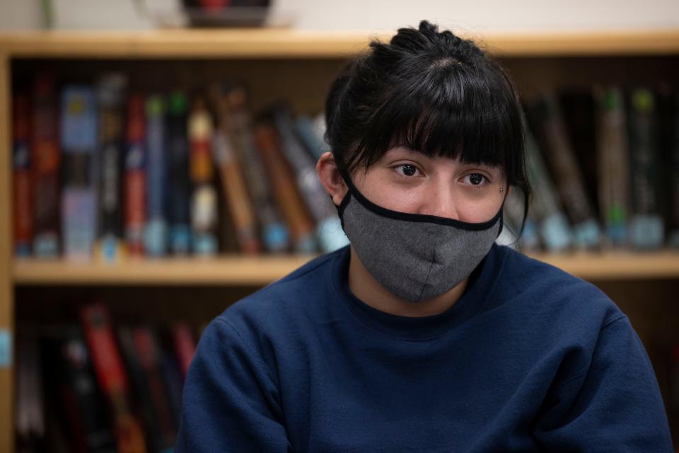 Jasmine Herrera, a prisoner at Coffee Creek Correctional Facility in Wilsonville, Ore., talks to a reporter on Tuesday, May 10, 2022.