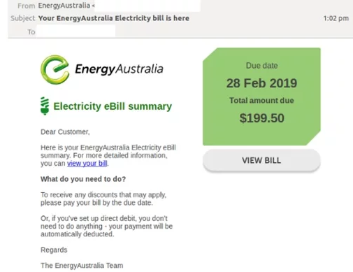 Fake EnergyAustralia email. (Image: Mailguard)