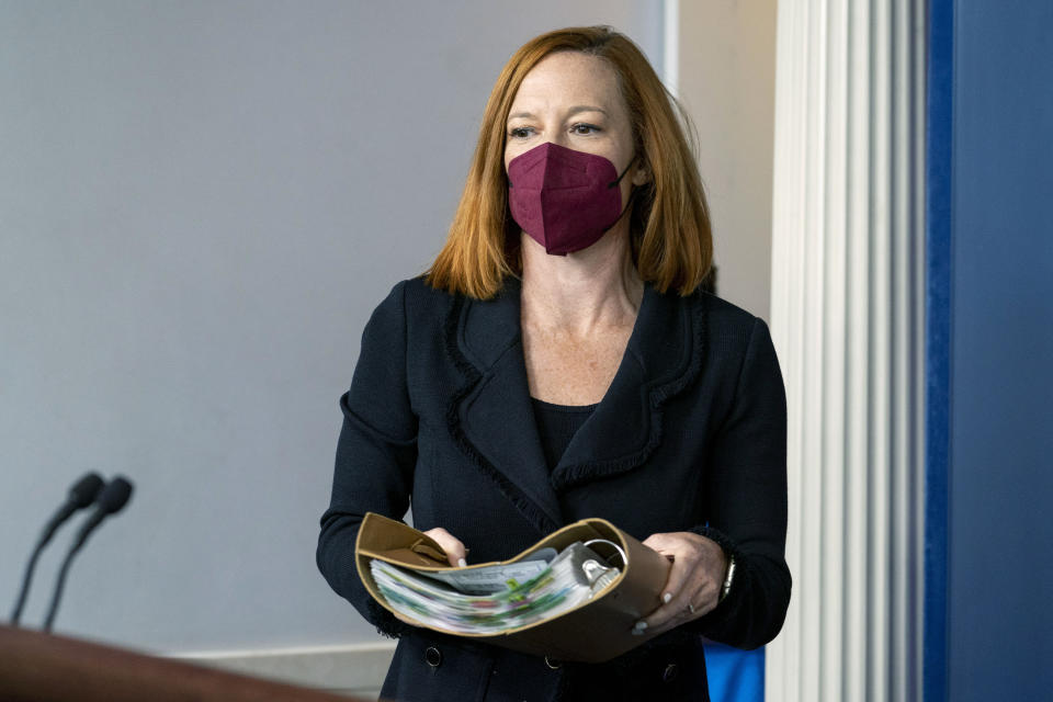 White House press secretary Jen Psaki arrives at a press briefing at the White House in Washington, Monday, Sept. 20, 2021. (AP Photo/Andrew Harnik)