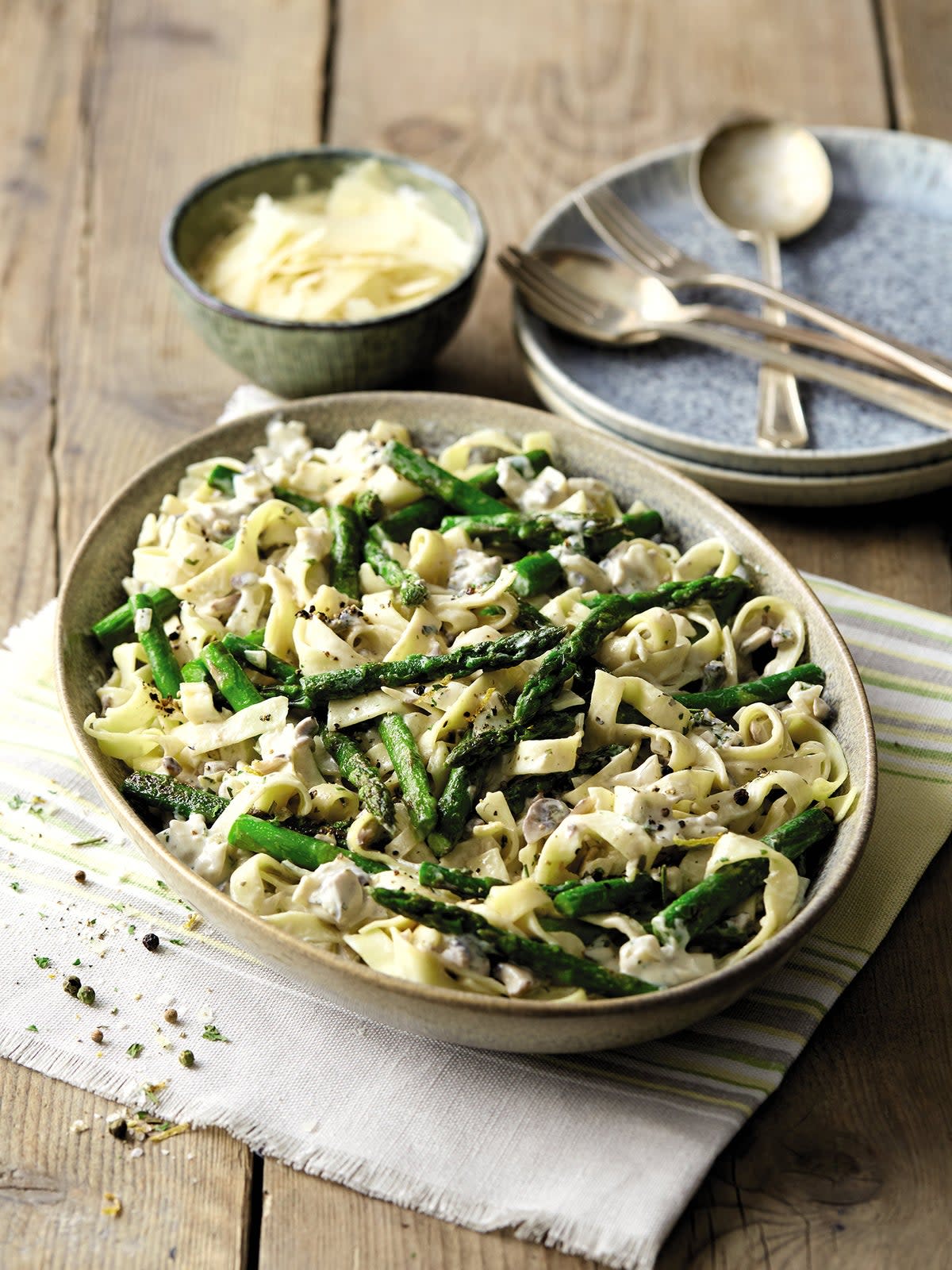 The asparagus adds some great texture to this cheesy tagliatelle dish – perfect for a weekday treat (Aldi)