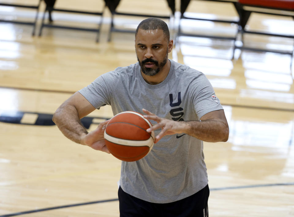 Rookie head coach Ime Udoka hopes to join the Celtics in person on Tuesday at the conclusion of his COVID-19 quarantine. (Ethan Miller/Getty Images)