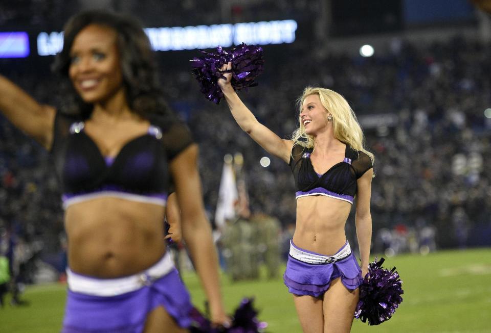 <p>Baltimore Ravens cheerleaders perform in the first half an NFL football game against the Cleveland Browns, Thursday, Nov. 10, 2016, in Baltimore. (AP Photo/Nick Wass) </p>