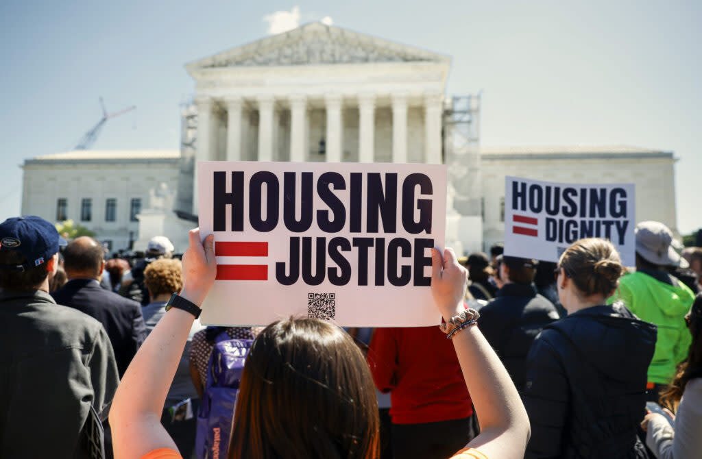 Homeless rights activists hold a rally outside of the U.S. Supreme Court on April 22, 2024, in Washington, D.C.