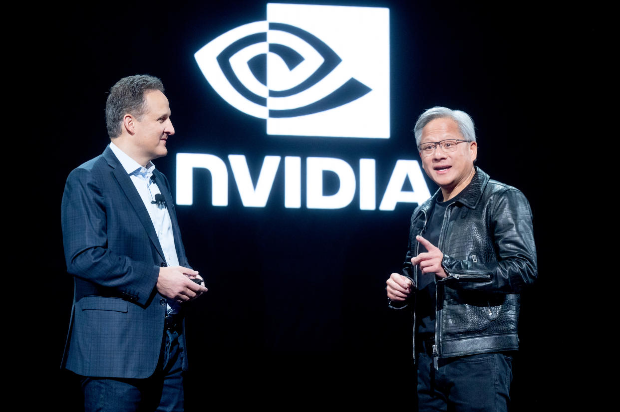 LAS VEGAS, NEVADA - NOVEMBER 28: Amazon Web Services (AWS) CEO Adam Selipsky and NVIDIA CEO Jensen Huang announce an expanded generative AI collaboration during AWS re:Invent 2023, a conference hosted by Amazon Web Services, at The Venetian Las Vegas on November 28, 2023 in Las Vegas, Nevada. (Photo by Noah Berger/Getty Images for Amazon Web Services)