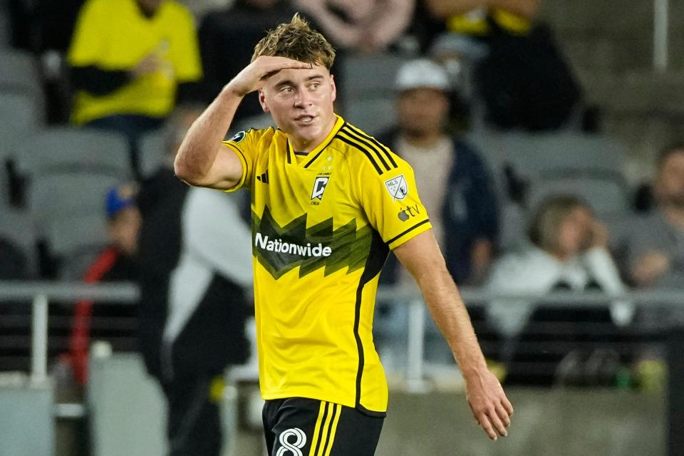 Apr 2, 2024; Columbus, OH, USA; Columbus Crew midfielder Aidan Morris (8) leaves the field after a red card during the second half of the Concacaf Champions Cup quarterfinal against Tigres UANL at Lower.com Field. The game ended in a 1-1 tie. Mandatory Credit: Adam Cairns-USA TODAY Sports