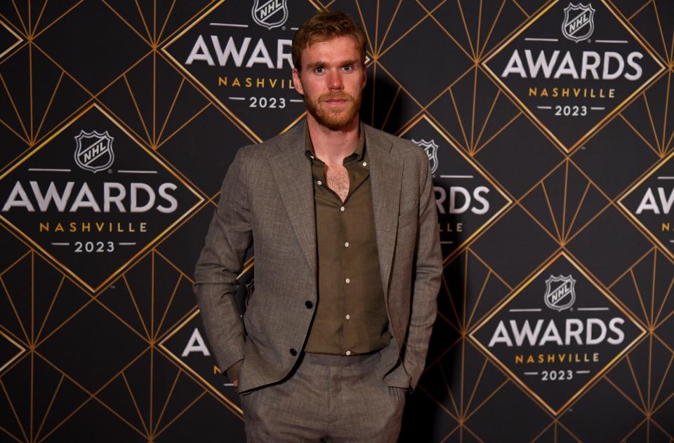 Edmonton Oilers forward Connor McDavid, shown on the red carpet before the 2023 NHL Awards at Bridgestone Arena, was voted the Hart Trophy for the third time.