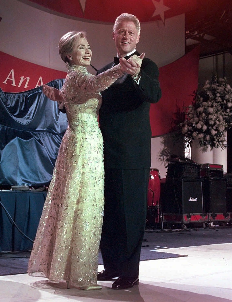 President Clinton and his wife, first lady Hillary Clinton, dance at the New England Ball Monday, Jan. 20, 1997, in Washington. (AP Photo/J. Scott Applewhite)