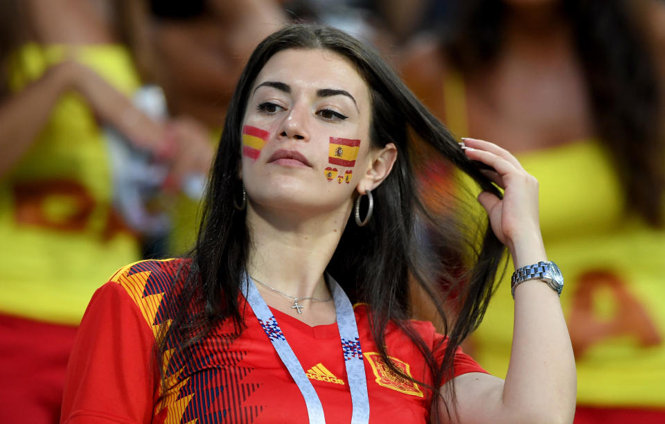 <p>A fan of Spain enjoys the pre match atmosphere during the 2018 FIFA World Cup Russia group B match between Portugal and Spain at Fisht Stadium on June 15, 2018 in Sochi, Russia. (Photo by Stu Forster/Getty Images) </p>