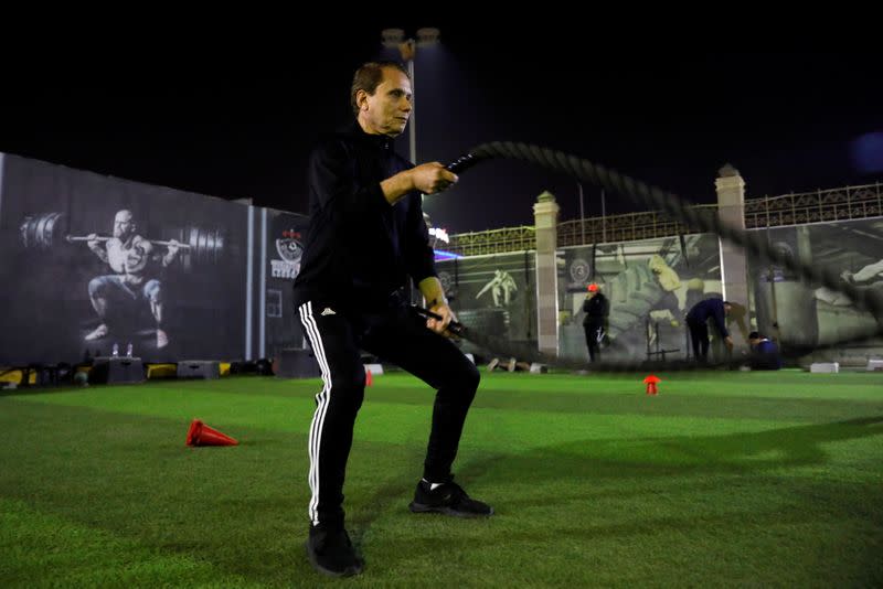 Ezzeldin Bahader, a 75-year-old Egyptian football player, trains at a gym in Cairo