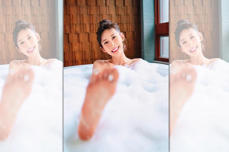 粿粿出版寫真，第1次嘗試以泡泡浴拍照。（水靈文創提供）