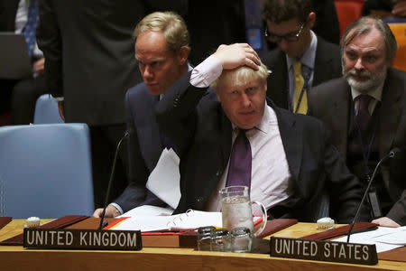 British Foreign Secretary Boris Johnson reacts during a United Nations Security Council meeting on "Threats to international peace and security caused by terrorist acts" during the 71st Session of the United Nations General Assembly in the Manhattan, New York, U.S., September 22, 2016. REUTERS/Andrew Kelly