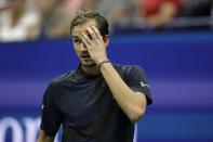 Daniil Medvedev, of Russia, reacts to his play against Nick Kyrgios, of Australia, during the fourth round of the U.S. Open tennis championships, Sunday, Sept. 4, 2022, in New York. (AP Photo/Adam Hunger)