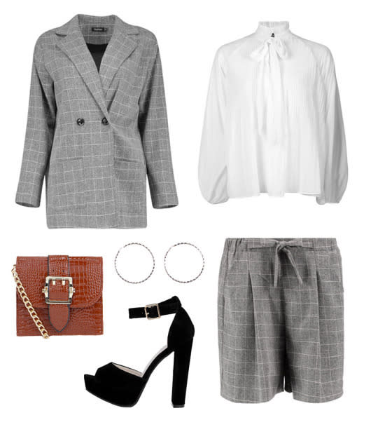 Try this cute gridded blazer and shorts with a tie-neck blouse and you’re set for a posh lunch out in the town with your ladies or gents.