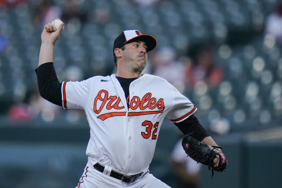 Baltimore Orioles starting pitcher Matt Harvey throws a pitch to the Tampa Bay Rays during the second inning of a baseball game, Tuesday, May 18, 2021, in Baltimore. (AP Photo/Julio Cortez)