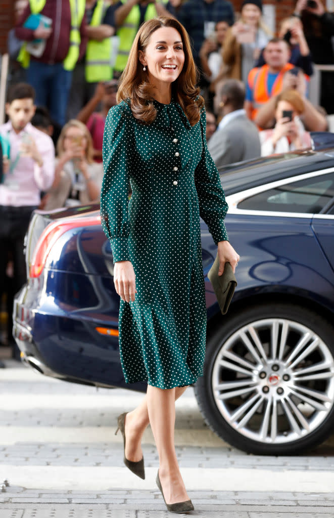 Kate Middleton arrives at Evelina London Children’s Hospital in London wearing the green polka-dot dress by L.K. Bennett. (Photo: Chris Jackson/Getty Images)