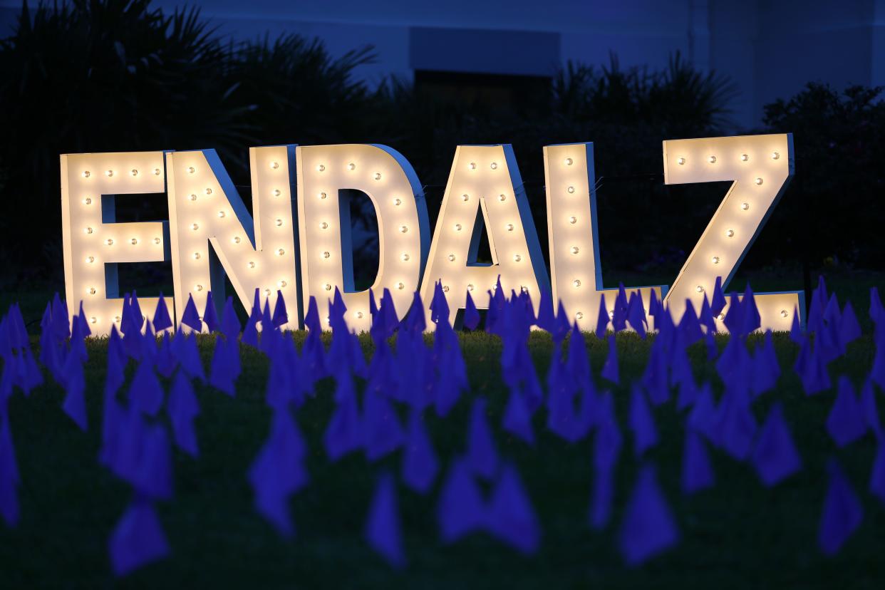 Five hundred sixty flags in the shape of a heart representing the 560,000 Floridians living with Alzheimer's are planted in the grass during the Alzheimer's Association Rally in Tally purple lighting ceremony Tuesday, Feb. 4, 2020. 