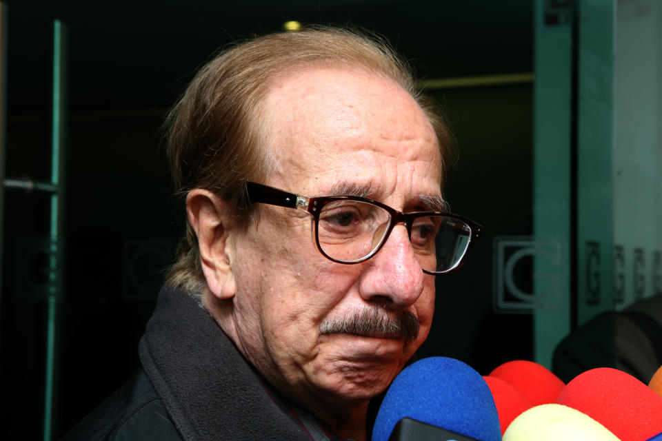 MEXICO CITY, MEXICO - JUNE 28: Benito Castro speaks to the media during the funeral of singer, actor and television presenter Gualberto Castro  on June 28, 2019 in Mexico City, Mexico. Gualberto Castro, best known for singing with Los Hermanos Castro, passed away due to bladder cancer on June 27th. He was 84 years old.  (Photo by Medios y Media/Getty Images)