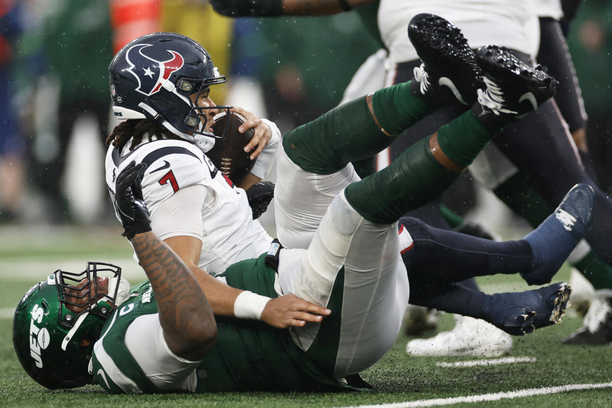 Texans quarterback C.J. Stroud (7) left Sunday's game in concussion protocol. (Sarah Stier/Getty Images)