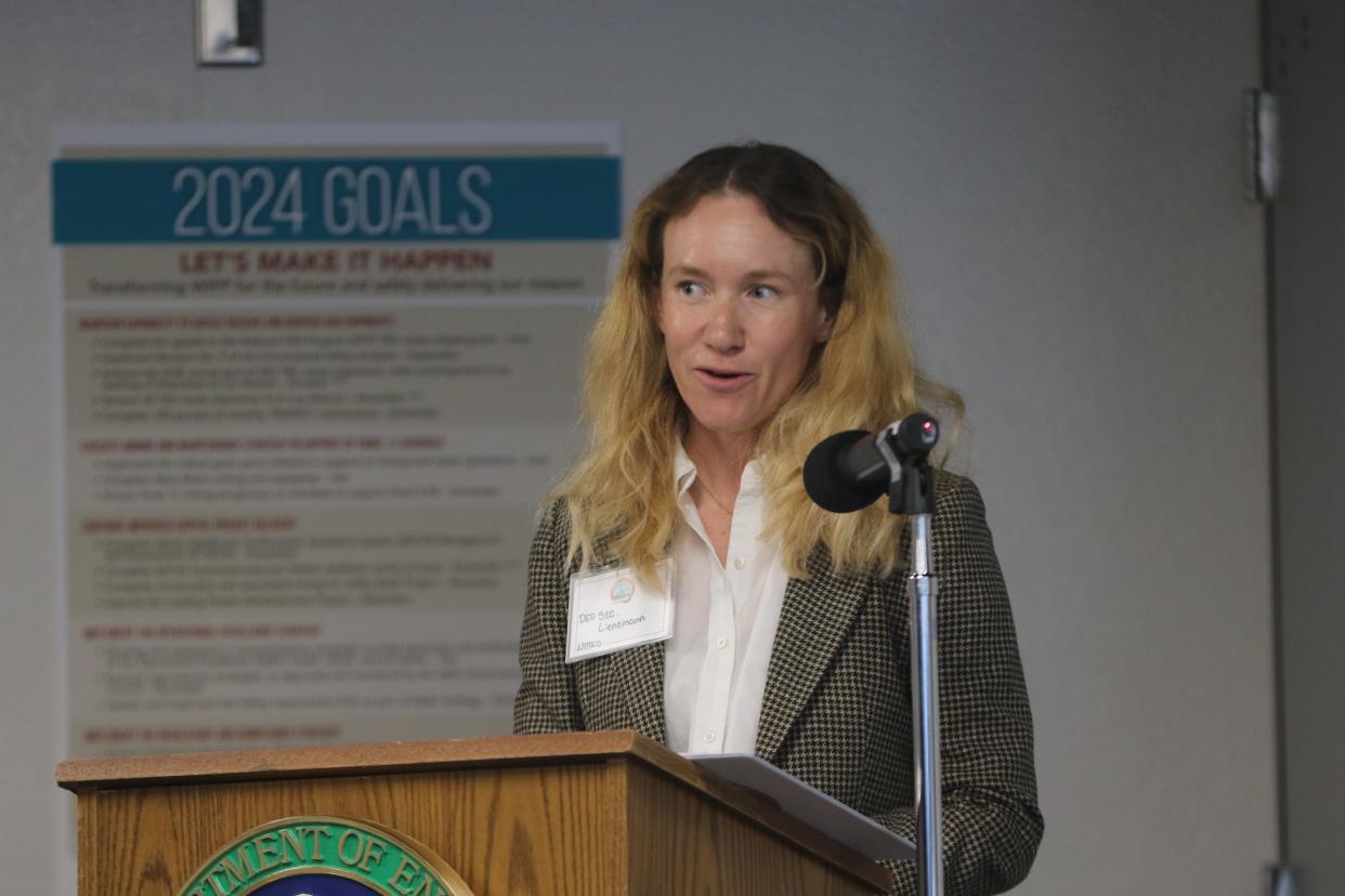 New Mexico Environment Department Deputy Cabinet Secretary Syndey Lienenmann speaks during an event celebrating the 25th anniversary of the Waste Isolation Pilot Plant's first shipment of nuclear waste for disposal March 26, 2024 at the WIPP site in southeast New Mexico.