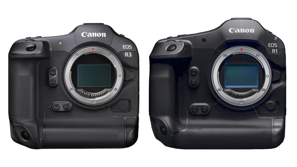 Canon EOS R3 next to Canon EOS R1 on a white background