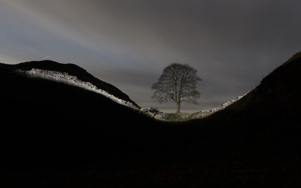 A section of Hadrian's Wall is illuminated during a long exposure near the wall's milecastle 39 known as Sycamore Gap near Hexham, northern England on January 19, 2022 - OLI SCARFF 