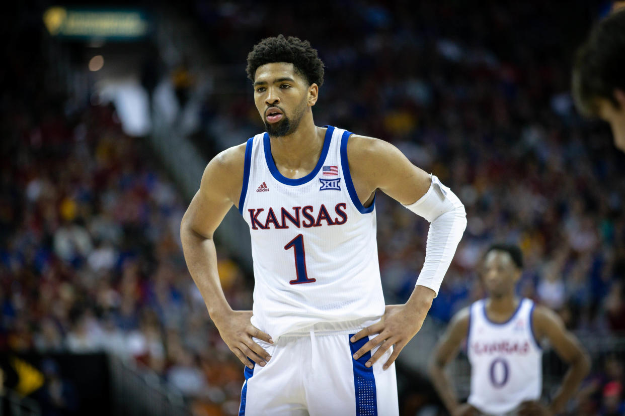 Mar 16, 2019; Kansas City, MO, USA; Kansas Jayhawks forward Dedric Lawson (1) prepares to shoot a free throw against the Iowa State Cyclones during the championship game in the Big 12 conference tournament at Sprint Center. Mandatory Credit: William Purnell-USA TODAY Sports