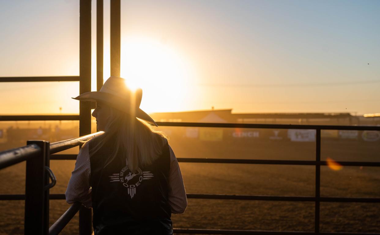 New Mexico State University student Baylee Johnston prepares to run barrels at a rodeo last October. Baylee is a member of the NMSU rodeo team, which celebrates its 80th anniversary this year.