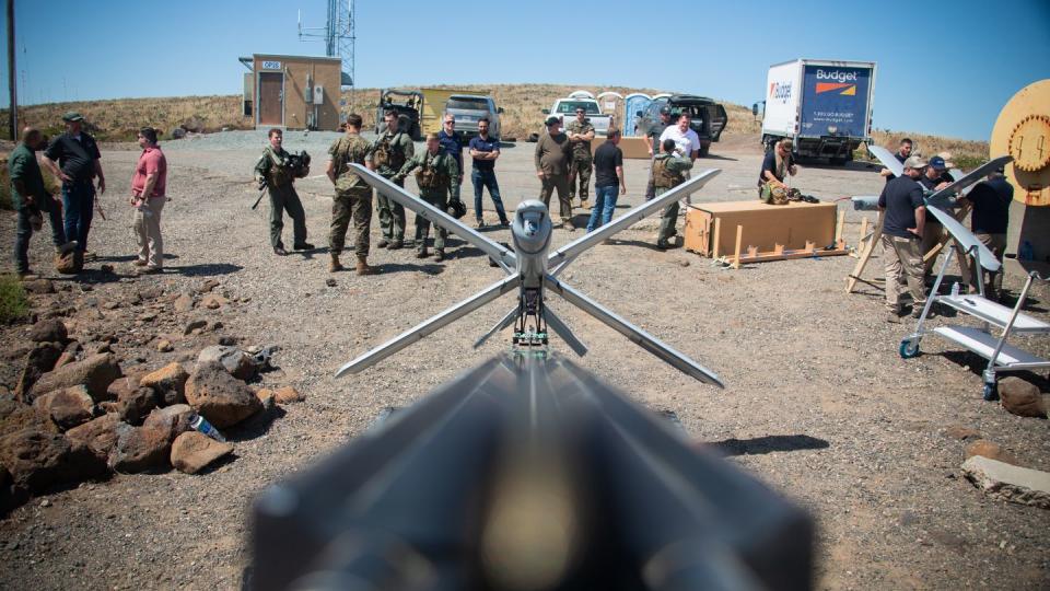A Hero-400 loitering munition is staged before flight on San Clemente Island, Calif., on May 25, 2022. The drone is a type of weapon the service and other Defense Department entities are beginning to incorporate into specific mission sets. (Lance Cpl. Daniel Childs/U.S. Marine Corps)