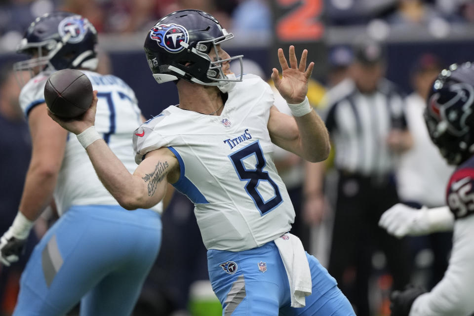 Tennessee Titans quarterback Will Levis (8) looks to throw a pass during the first half of an NFL football game against the Houston Texans, Sunday, Dec. 31, 2023, in Houston. (AP Photo/David J. Phillip)