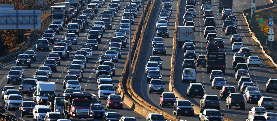 BOSTON, MA - NOVEMBER 4: An aerial view of morning traffic headed into the city on Route 93 northbound near Dorchester is pictured in Boston on Nov. 4, 2019. Bostons current traffic obsession is not hyperbole: The metropolitan region has 300,000 more cars and trucks than it did five years ago, according to an analysis of state data. Congestion has crippled every major commuting thoroughfare, from the south, west, or north. Some morning drives have doubled or worse, dooming drivers to thousands of hours a year lost to staring at the red river of taillights ahead and wondering why. (Photo by David L. Ryan/The Boston Globe via Getty Images)