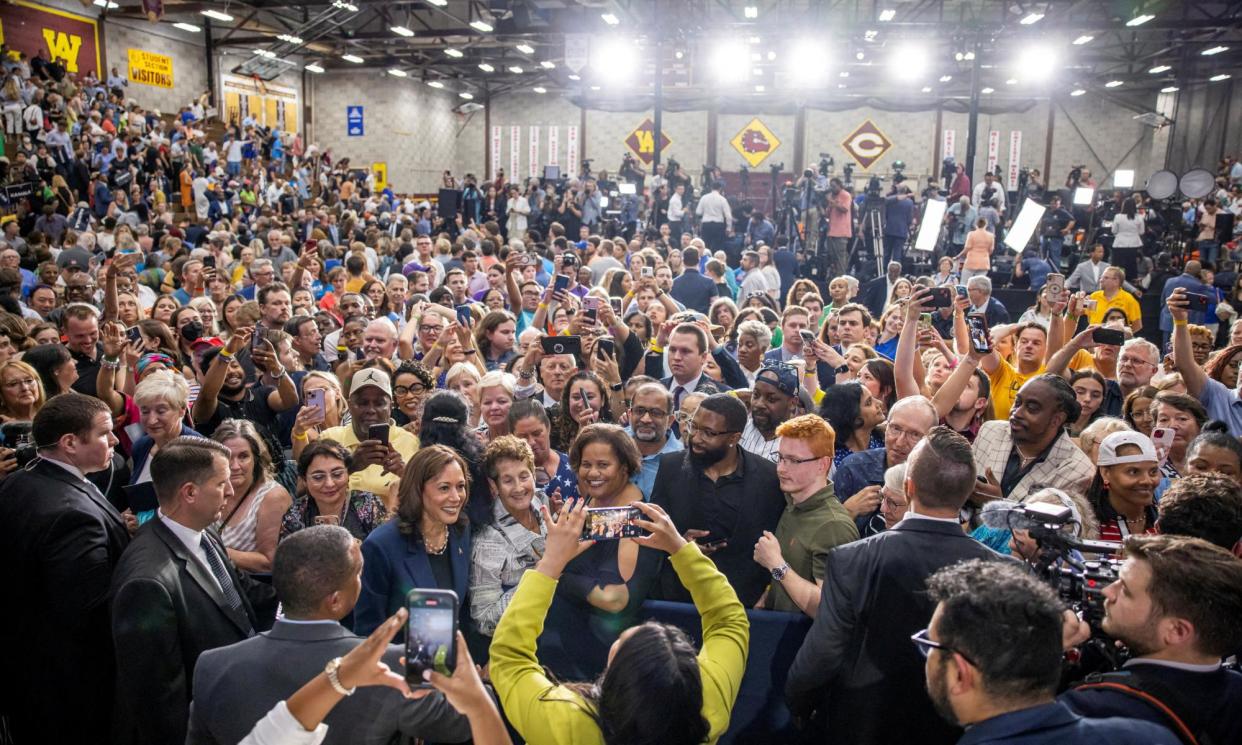 <span>Kamala Harris greets a crowd of supporters during her first campaign event as a candidate for president in 2024, in West Allis, Wisconsin.</span><span>Photograph: Kevin Mohatt/Reuters</span>