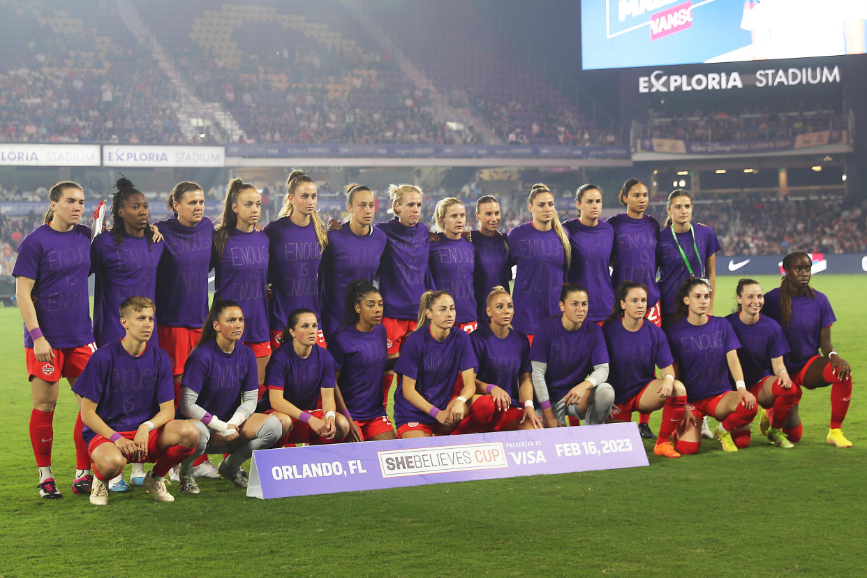 Canadian soccer players pose for picture prior to the match between Canada and United States on Thursday at Exploria Stadium in Orlando. (Photo by Omar Vega/Getty Images)