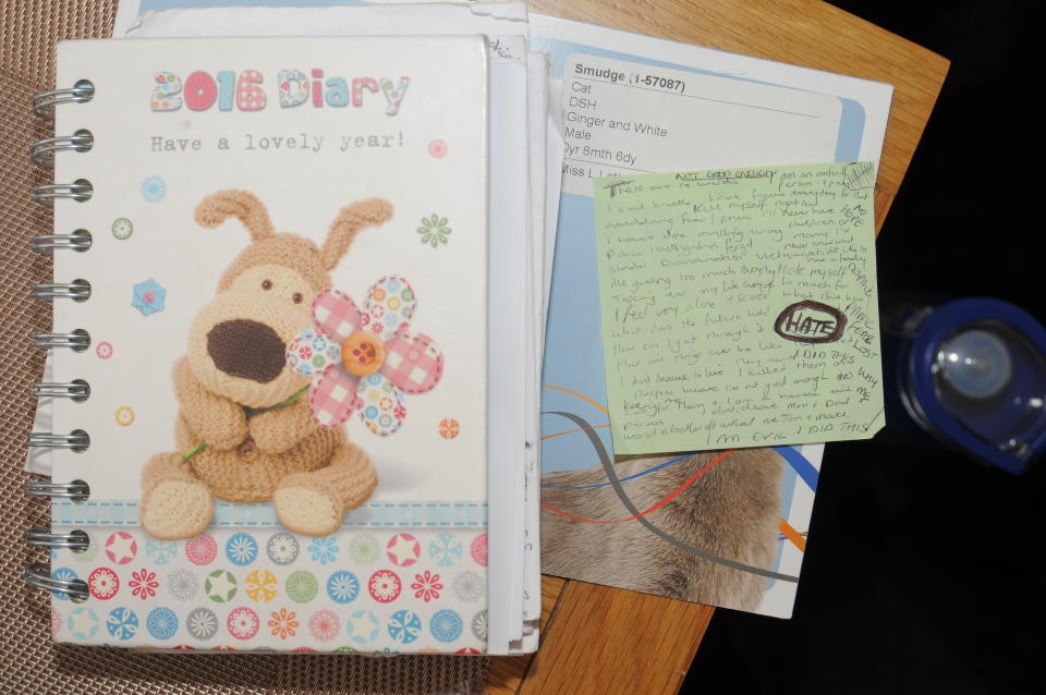 The front of a diary, along with a Post-it note which was found inside the diary, recovered from a chest of drawers at the home of Lucy Letby. (CPS)