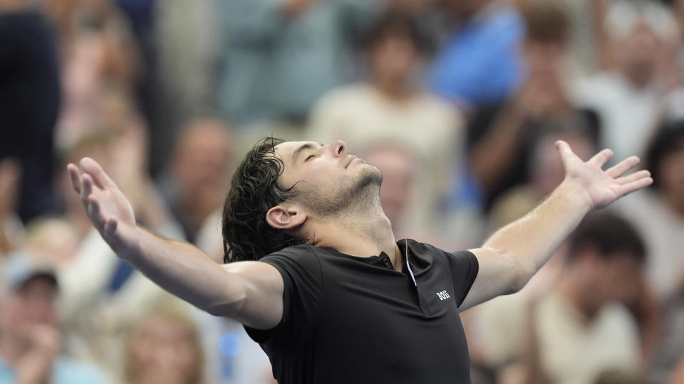 Taylor Fritz, of the United States, reacts after defeating Casper Ruud, of Norway, during the fourth round of the U.S. Open tennis championships, Sunday, Sept. 1, in New York. 2024. (AP Photo/Eduardo Munoz Alvarez)