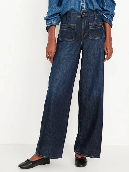 someone wearing High-Waisted Baggy Wide-Leg Trouser Jeans from Old Navy 