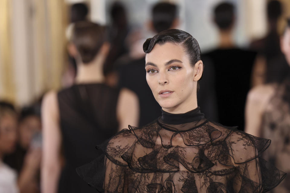 Vittoria Ceretti wears a creation as part of the Valentino Fall/Winter 2024-2025 ready-to-wear collection presented Sunday, March 3, 2024 in Paris. (Photo by Vianney Le Caer/Invision/AP)