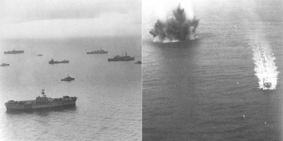 Black and white photos of the Vietnam war show a US Navy fleet on the left and mines being detonated in water on the right.