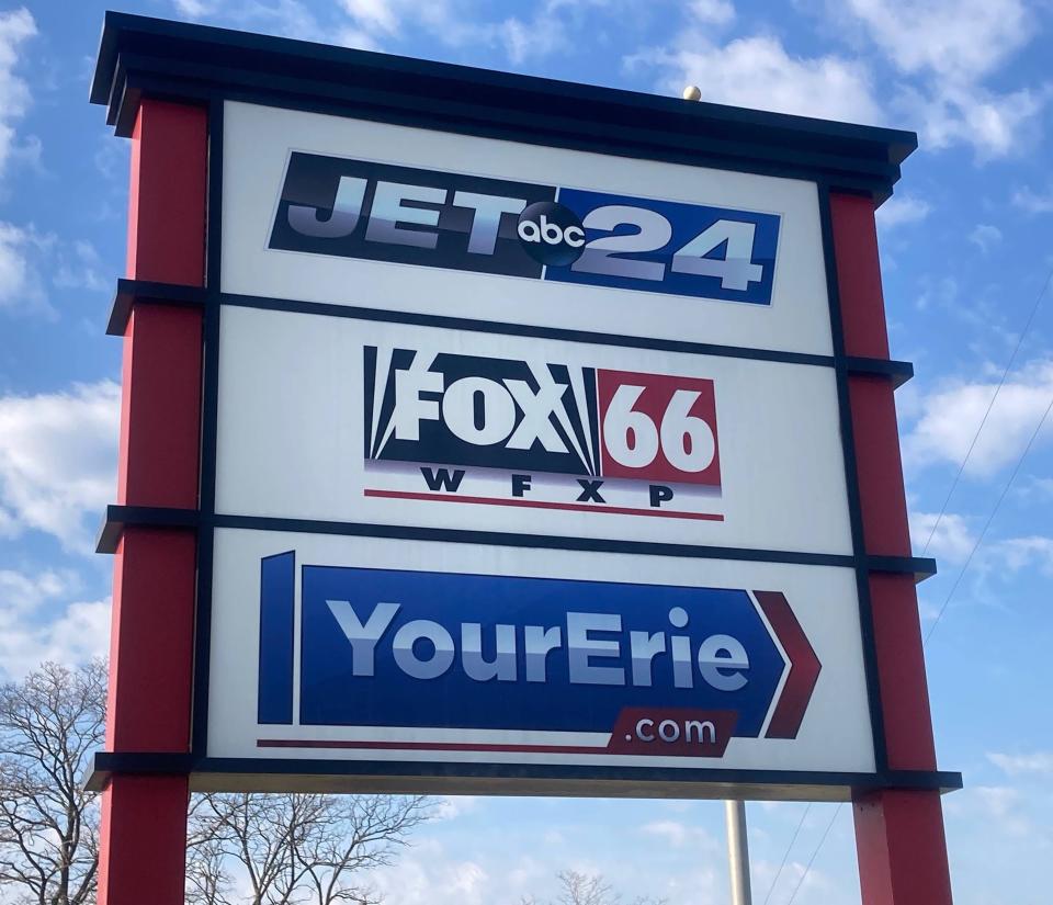 The sign near the entrance for WJET-TV, WFXP TV and YourErie.com are show outside of the Nexstar Media Group television station's studio at 8455 Peach St. on Wednesday, March 13.