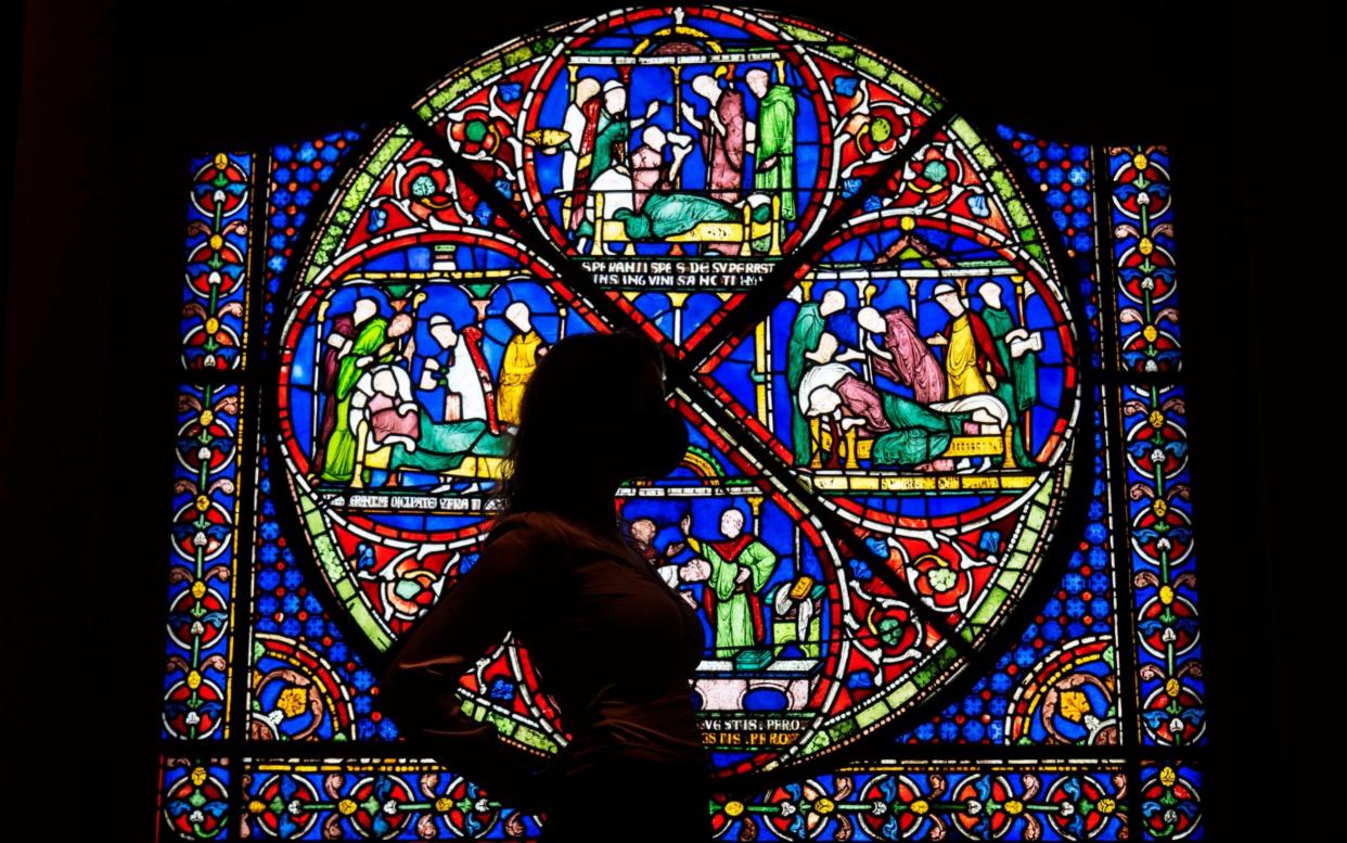 An entire 800-year-old stained glass window on loan from Canterbury Cathedral for the exhibition Thomas Becket: Murder and the Making of a Saint - Paul Grover