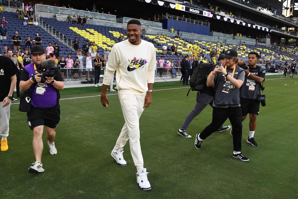 Aug 19, 2023; Nashville, TN, USA; Nashville SC co-owner Giannis Antetokounmpo before the Leagues Cup Championship match against the Inter Miami at GEODIS Park.