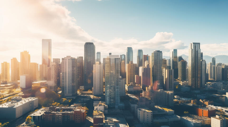 Aerial view of a bustling urban skyline, reflecting the growth of the real estate investments.