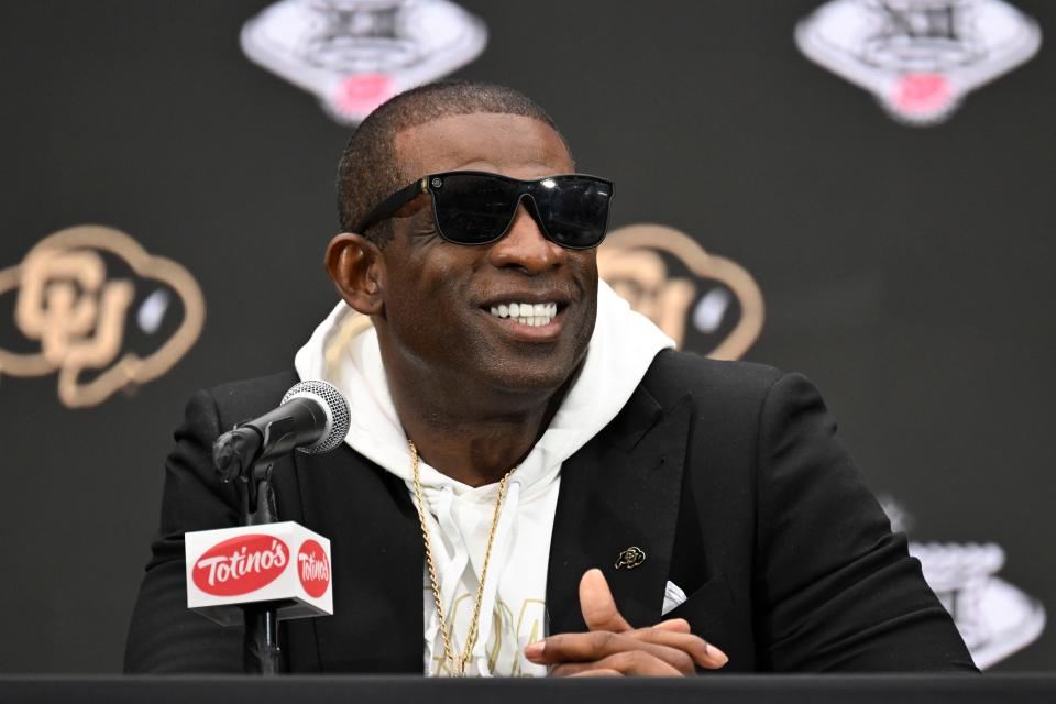 Colorado football coach Deion Sanders speaks to the media during Big 12 Media Days at Allegiant Stadium on Wednesday in Las Vegas.