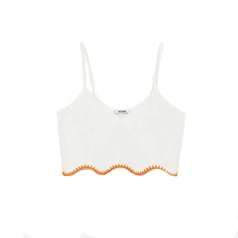 <p><a rel="nofollow noopener" href="https://www.zara.com/us/en/sale/woman/tops/view-all/crop-top-with-embroidered-hemline-c732008p4393073.html" target="_blank" data-ylk="slk:Crop Top With Embroidered Hemline,;elm:context_link;itc:0;sec:content-canvas" class="link ">Crop Top With Embroidered Hemline,</a> <span><span>$20</span> $13</span></p>