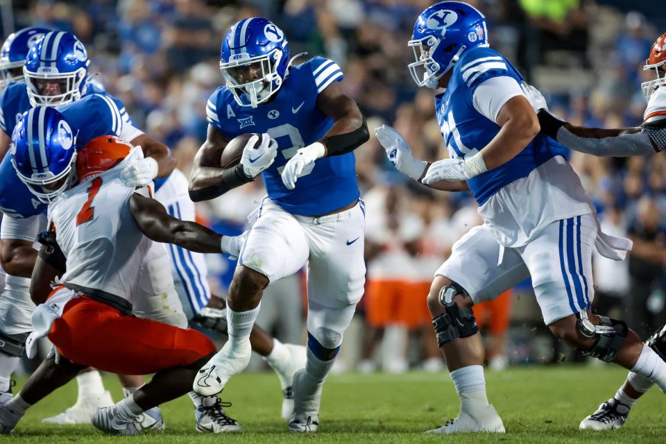 BYU running back Aidan Robbins carries the ball during a game against Sam Houston at LaVell Edwards Stadium in Provo.