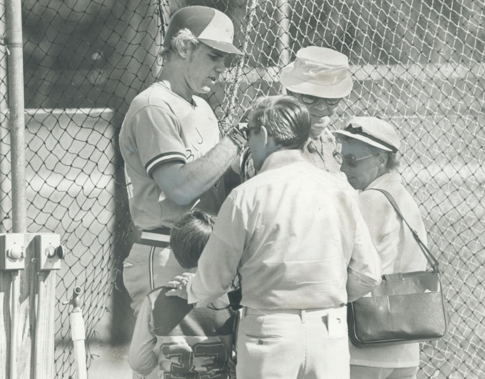 Then-Blue Jays rookie outfielder Jay Schroeder, who later would be a quarterback for the Washington Redskins, signed autographs in spring training in 1980. (Photo by John Mahler/Toronto Star via Getty Images)