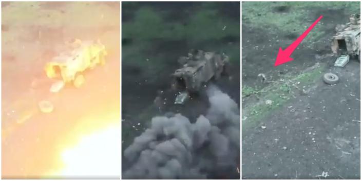 Three stills from drone footage by Code 9.2 of Ukraine&#39;s 92nd Brigade, showing an explosion, its aftermath, and a Russian soldier running from the scene during a dramatic surrender attempt in Bakhmut.