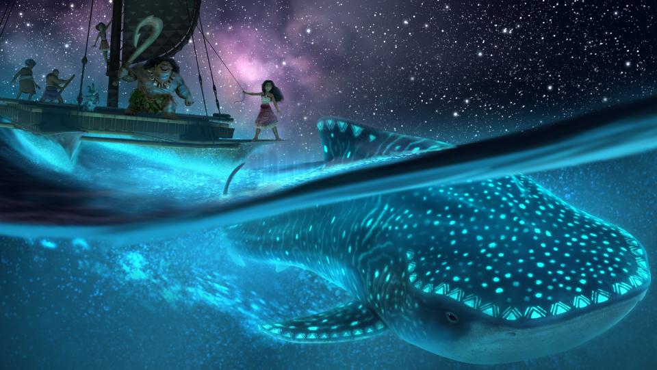 Moana and Maui, from the movie "Moana," on a boat at sea with a glowing whale shark in the water below, set against a starry night sky